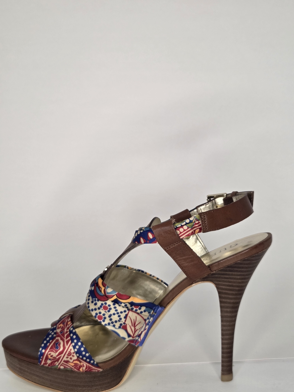 GUESS Kaedi Brown Leather Multi Floral Fabric Platform Sandals Heels - Picture 5 of 12